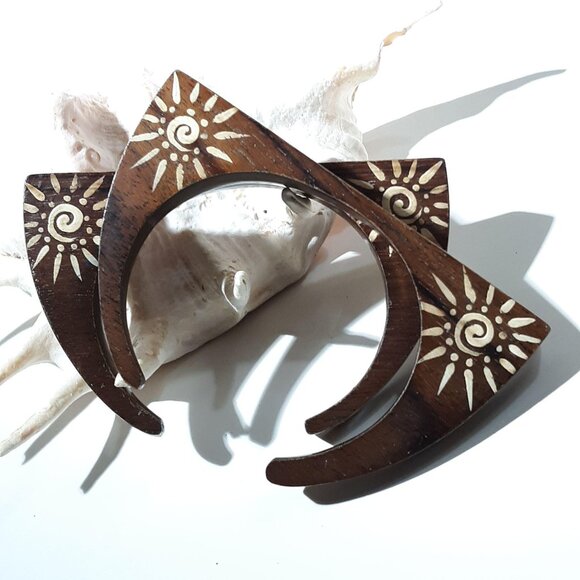 Wood Bracelet Pair Handpainted Flat Top Cuff Mandala Burst Sun Vintage Boho Hipp - Picture 1 of 5
